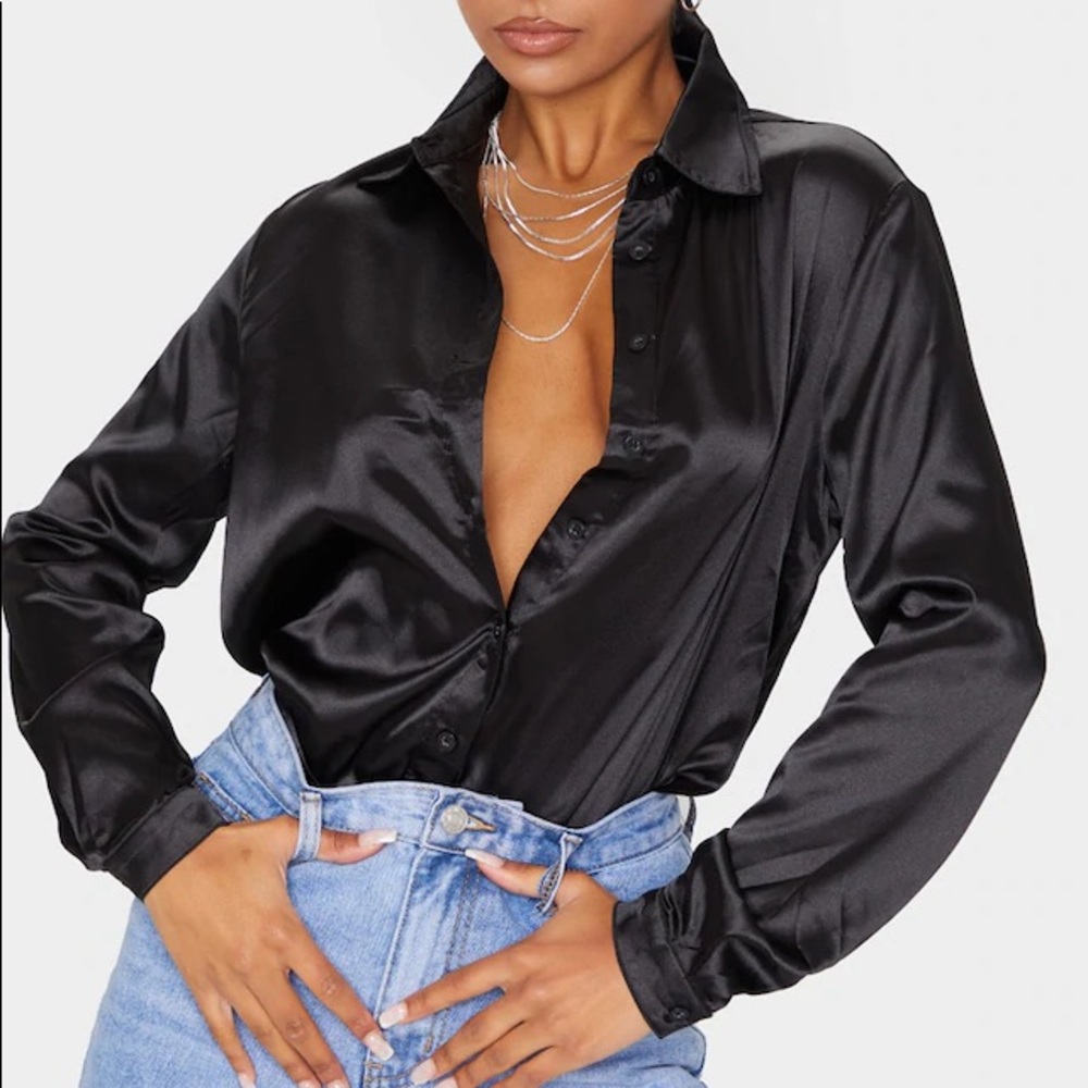 Black Oversized Satin button down Blouse size xs